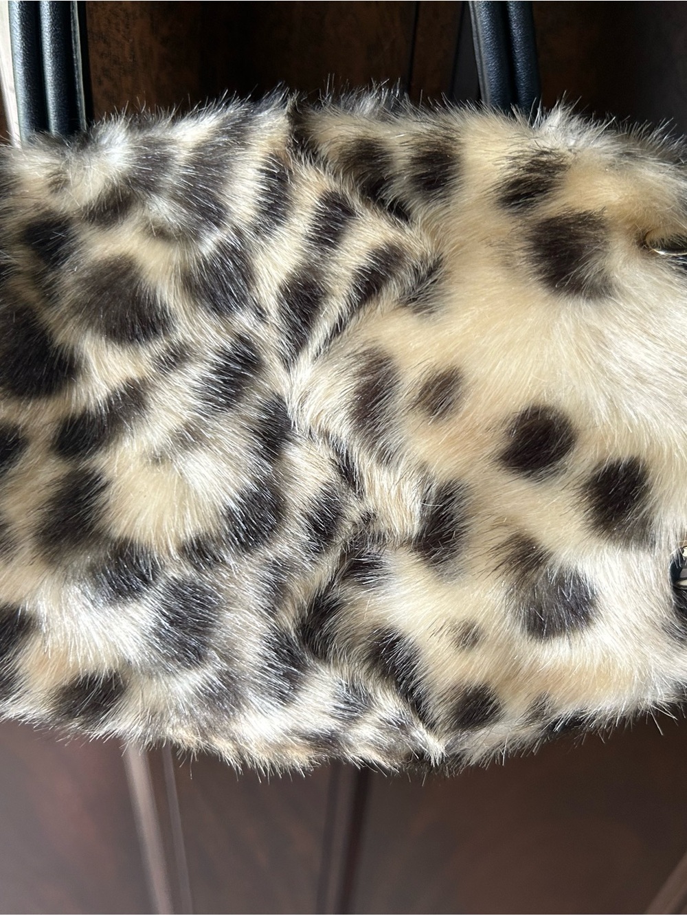 J. McLaughlin Faux Fur Leopard Print Handbag Purse with Black Leather Trim - Picture 6 of 6